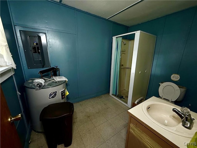 177 E Lake Rd, Deruyter, NY 13052 - full bathroom featuring electric panel, a stall shower, water heater, and vanity