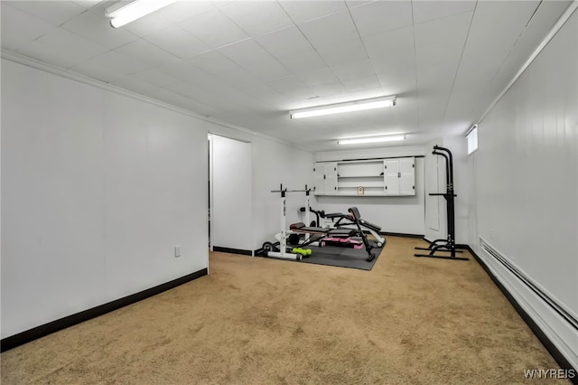 129 Summerview Rd, Amherst, NY 14221 - exercise room featuring a baseboard radiator, carpet floors, ornamental molding, and baseboards