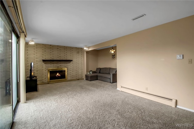 129 Summerview Rd, Amherst, NY 14221 - unfurnished living room with baseboard heating, carpet flooring, and a brick fireplace