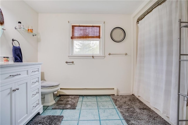 48 Division St, Maryland, NY 12155 - bathroom featuring a baseboard heating unit, toilet, baseboards, curtained shower, and vanity