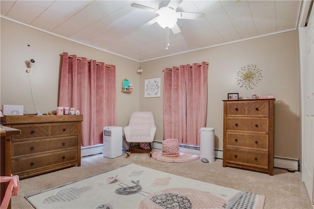 48 Division St, Maryland, NY 12155 - bedroom with carpet flooring, baseboard heating, ornamental molding, and a ceiling fan