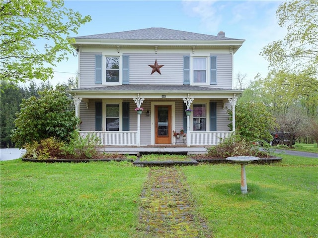 48 Division St, Maryland, NY 12155 - view of front facade with covered porch, a front lawn, and a chimney
