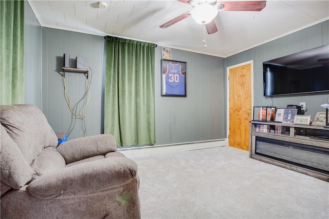 48 Division St, Maryland, NY 12155 - living area featuring carpet floors, crown molding, and a ceiling fan