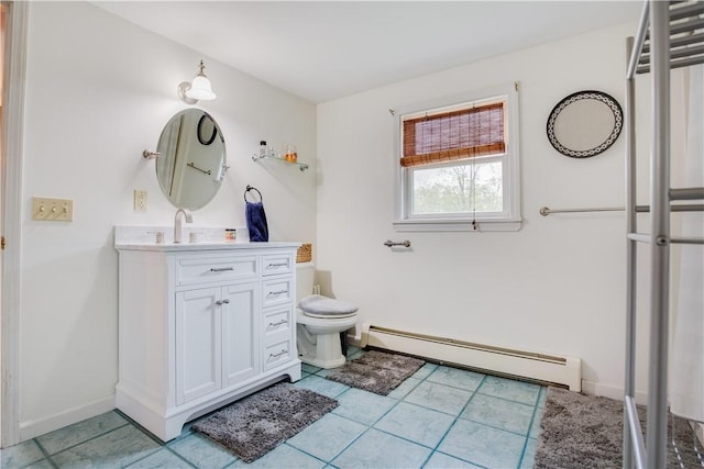 48 Division St, Maryland, NY 12155 - bathroom with a baseboard heating unit, toilet, baseboards, vanity, and tile patterned floors