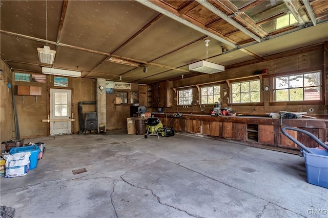 garage with a wood stove