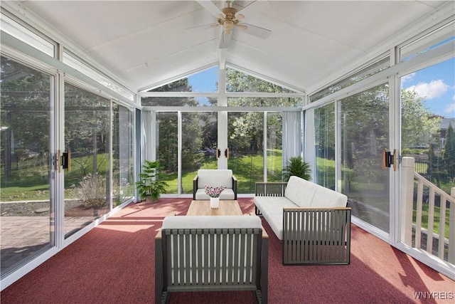 4179 Foxwood Ln, Clarence, NY 14221 - sunroom with ceiling fan, vaulted ceiling, an outdoor living space, and french doors