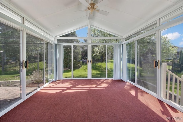 4179 Foxwood Ln, Clarence, NY 14221 - unfurnished sunroom featuring french doors, plenty of natural light, a ceiling fan, and vaulted ceiling