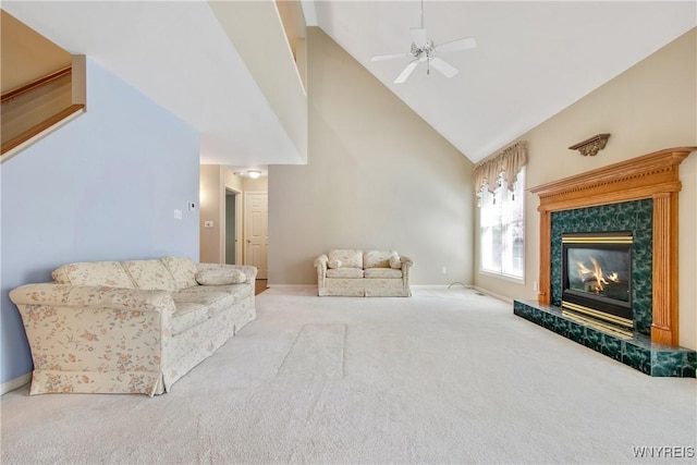 4179 Foxwood Ln, Clarence, NY 14221 - carpeted living area featuring high vaulted ceiling, a fireplace, ceiling fan, and baseboards