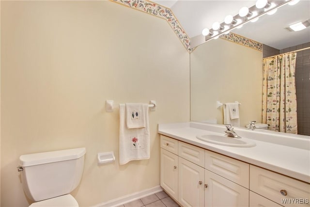 4179 Foxwood Ln, Clarence, NY 14221 - bathroom featuring toilet, tile patterned flooring, vanity, a shower with shower curtain, and baseboards