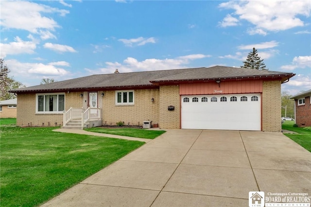 20 Post Rd, Amherst, NY 14221 - ranch-style home featuring brick siding, a front yard, a garage, driveway, and a shingled roof