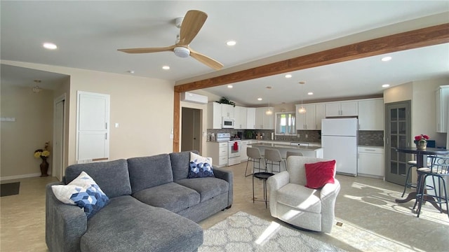 2442 County House Rd, Jerusalem, NY 14527 - living area featuring beam ceiling, recessed lighting, and ceiling fan