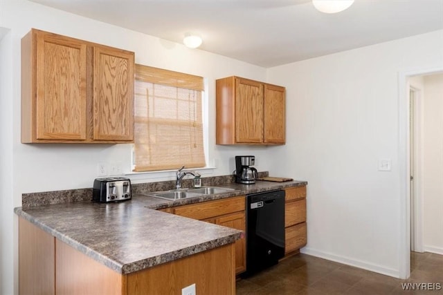 694 Pleasant View Dr, Lancaster, NY 14086 - kitchen featuring black dishwasher, a sink, dark countertops, a peninsula, and baseboards