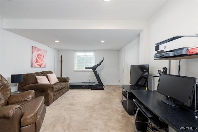 694 Pleasant View Dr, Lancaster, NY 14086 - living area featuring light carpet, recessed lighting, a desk, and baseboards
