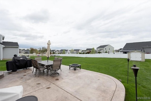 694 Pleasant View Dr, Lancaster, NY 14086 - view of patio featuring a storage shed, an outdoor structure, outdoor dining space, area for grilling, and a residential view