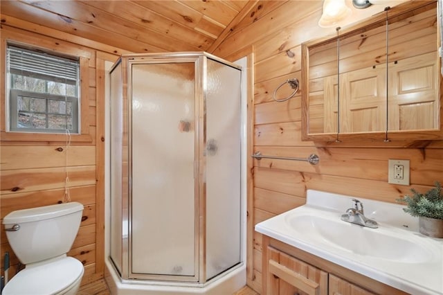 4308 Masternardi Rd, Hector, NY 14818 - bathroom with wood walls, a stall shower, toilet, vanity, and lofted ceiling