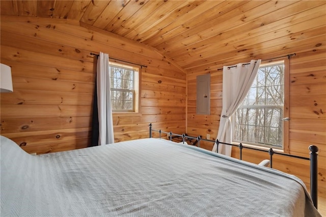 4308 Masternardi Rd, Hector, NY 14818 - bedroom featuring electric panel, lofted ceiling, multiple windows, and wooden walls