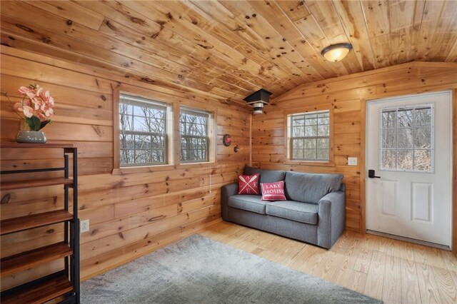 4308 Masternardi Rd, Hector, NY 14818 - living area featuring lofted ceiling, hardwood / wood-style flooring, wood ceiling, and wooden walls