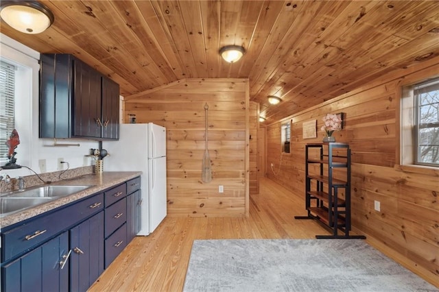 4308 Masternardi Rd, Hector, NY 14818 - kitchen featuring a sink, lofted ceiling, light wood-type flooring, blue cabinetry, and wooden ceiling