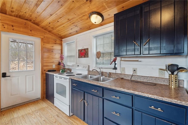 4308 Masternardi Rd, Hector, NY 14818 - kitchen featuring white electric range, blue cabinets, a sink, vaulted ceiling, and light wood-style flooring