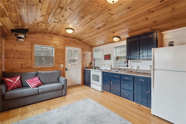 4308 Masternardi Rd, Hector, NY 14818 - kitchen with white appliances, blue cabinetry, lofted ceiling, wooden ceiling, and wood walls