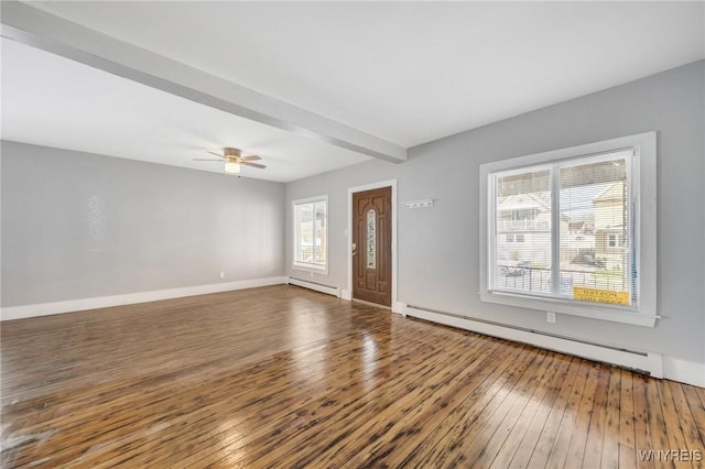 111 Roesch Ave, Buffalo, NY 14207 - unfurnished living room featuring a baseboard heating unit, hardwood / wood-style flooring, a ceiling fan, and beamed ceiling