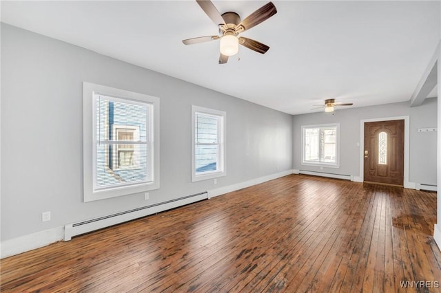 111 Roesch Ave, Buffalo, NY 14207 - unfurnished living room with a baseboard radiator, a baseboard heating unit, hardwood / wood-style floors, and a ceiling fan