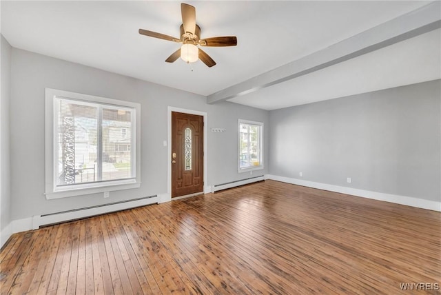 111 Roesch Ave, Buffalo, NY 14207 - unfurnished living room with a baseboard heating unit, a baseboard radiator, wood-type flooring, a ceiling fan, and baseboards