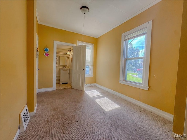 unfurnished room with carpet floors, crown molding, baseboards, and a sink