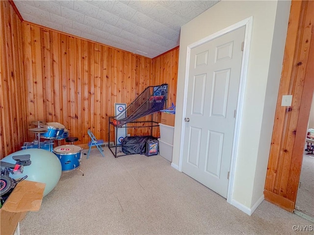 rec room with carpet floors and wooden walls