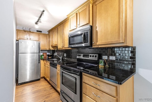 849 Delaware Ave Unit 305, Buffalo, NY 14209 - kitchen with appliances with stainless steel finishes, rail lighting, backsplash, light wood finished floors, and a sink
