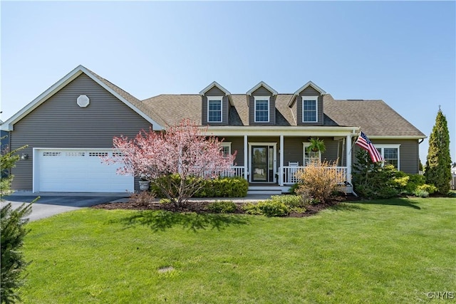 210 Funnycide Dr, Hounsfield, NY 13685 - cape cod house with asphalt driveway, a porch, a front yard, an attached garage, and a shingled roof
