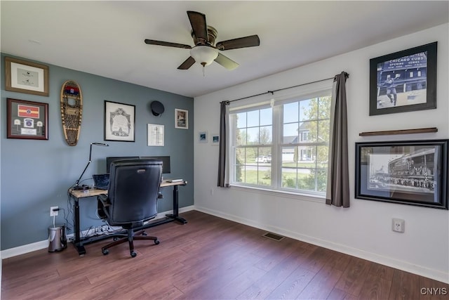 210 Funnycide Dr, Hounsfield, NY 13685 - office area with a ceiling fan, dark wood-type flooring, and baseboards