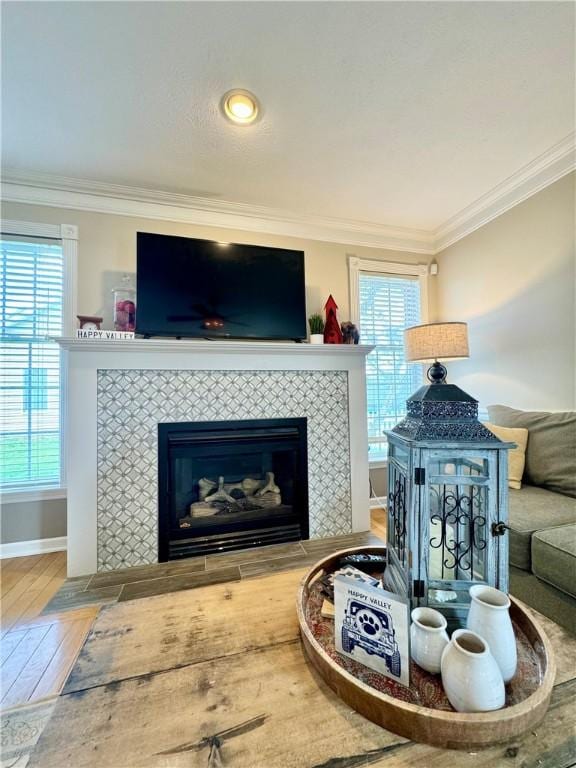 214 Fairfield Dr, Horseheads, NY 14845 - living room with ornamental molding, wood finished floors, a fireplace, and baseboards