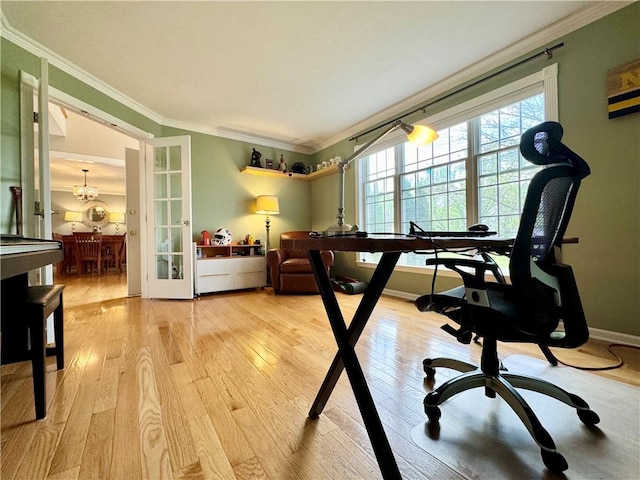 214 Fairfield Dr, Horseheads, NY 14845 - home office with wood finished floors, ornamental molding, french doors, and baseboards