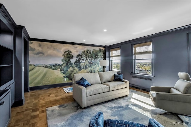living area featuring crown molding, recessed lighting, and baseboards