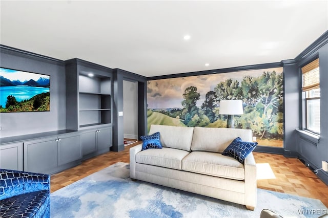 living room featuring crown molding, baseboards, and recessed lighting