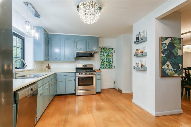 kitchen with appliances with stainless steel finishes, a chandelier, a sink, and light wood-style floors