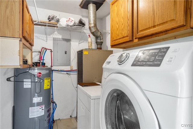 laundry room featuring cabinet space, water heater, electric panel, and separate washer and dryer