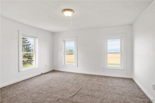 carpeted spare room featuring baseboards and crown molding