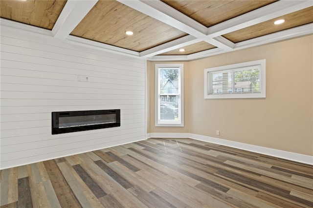 339 W Bank St, Albion, NY 14411 - unfurnished living room featuring baseboards, a large fireplace, wooden ceiling, beamed ceiling, and recessed lighting