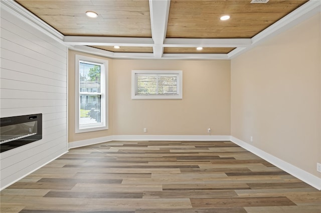 339 W Bank St, Albion, NY 14411 - empty room with wooden ceiling, a fireplace, recessed lighting, baseboards, and wood finished floors