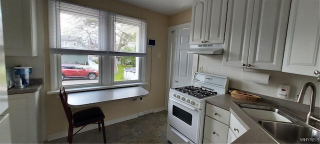 72 Ebenezer Dr Rear, Rear, West Seneca, NY 14224 - kitchen with white gas range oven, a sink, under cabinet range hood, baseboards, and white cabinets