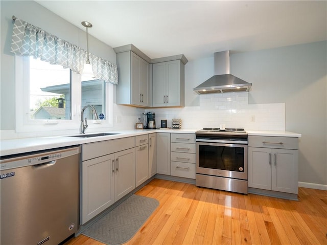 kitchen featuring gray cabinets, stainless steel appliances, wall chimney range hood, a sink, and tasteful backsplash