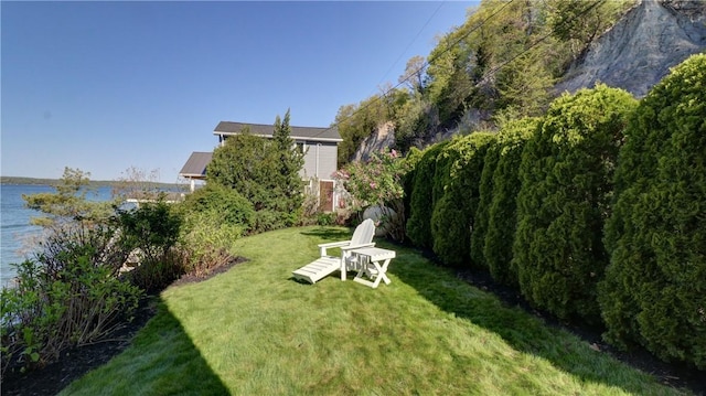 view of green lawn with a water view