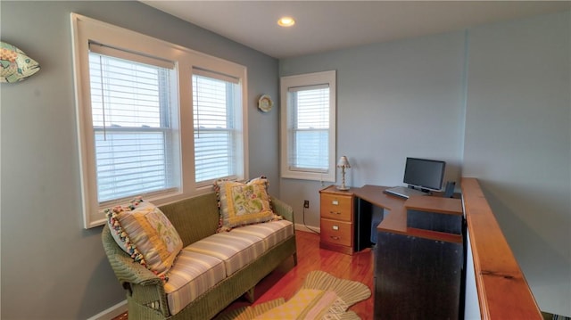 office area featuring wood finished floors, recessed lighting, and baseboards