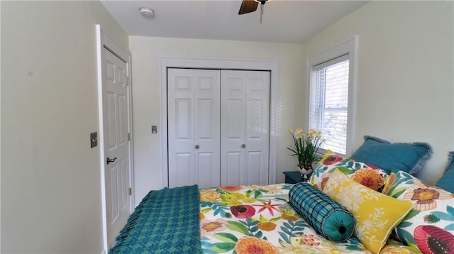 bedroom featuring a closet and ceiling fan