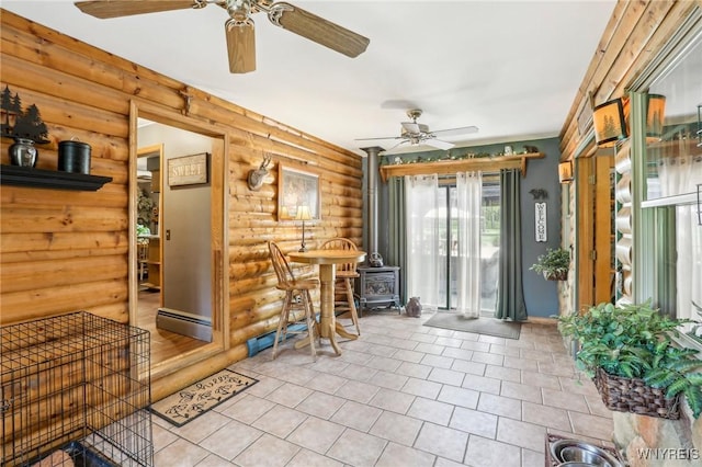 sunroom with a wood stove