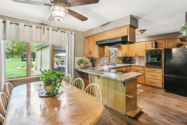 kitchen with black appliances, wall chimney range hood, plenty of natural light, and decorative backsplash