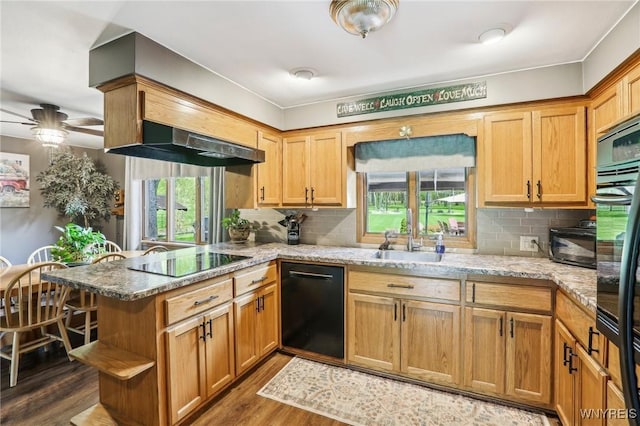 kitchen with black appliances, a peninsula, wood finished floors, open shelves, and a sink