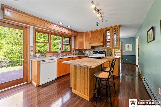 24 Castile Dr, Pomfret, NY 14063 - kitchen with dishwasher, electric stove, a sink, a baseboard radiator, and premium range hood